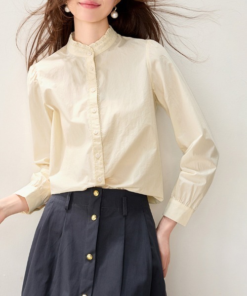 ONEP STAR(ワンピスター)の「レース切替スタンドカラー長袖シャツ(シャツ/ブラウス・レディース・ベージュ・MEDIUM/X-LARGE/LARGE)」の7枚目の写真