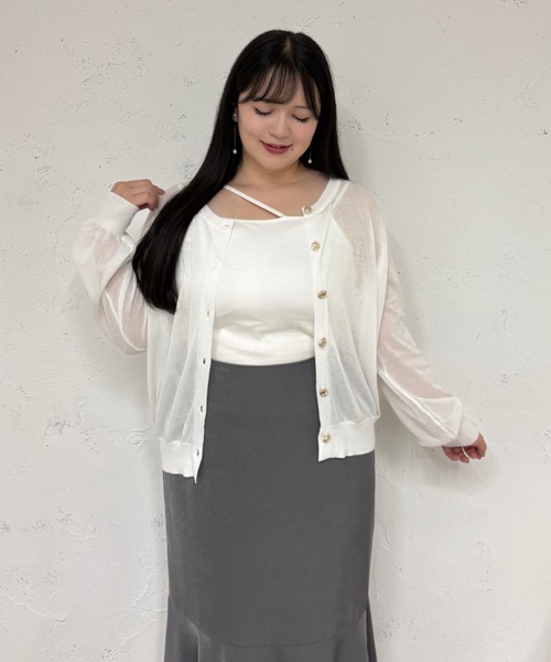 Louiosy（ルオシー）の「【Louiosy】【大きいサイズ】ニュアンスゴールドボタンシアーカーデ（カーディガン/ボレロ・レディース・オフホワイト/ピンク/ボルドー・3L/4L/X-LARGE）」の2枚目の写真