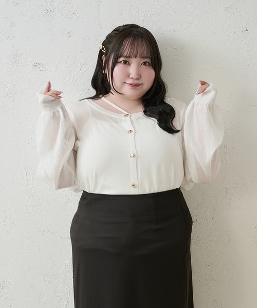 Louiosy（ルオシー）の「【Louiosy】【大きいサイズ】ニュアンスゴールドボタンシアーカーデ（カーディガン/ボレロ・レディース・オフホワイト/ピンク/ボルドー・3L/4L/X-LARGE）」の12枚目の写真