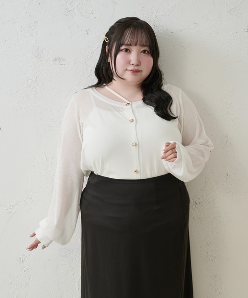 Louiosy（ルオシー）の「【Louiosy】【大きいサイズ】ニュアンスゴールドボタンシアーカーデ（カーディガン/ボレロ・レディース・オフホワイト/ピンク/ボルドー・3L/4L/X-LARGE）」の14枚目の写真