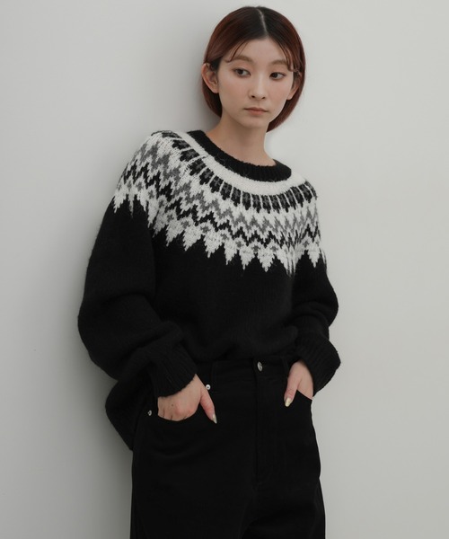 select MOCA（セレクトモカ）の「クルーネックノルディックニット（ニット/セーター・レディース・グレー/ブラック/グレイッシュベージュ・FREE）」の2枚目の写真
