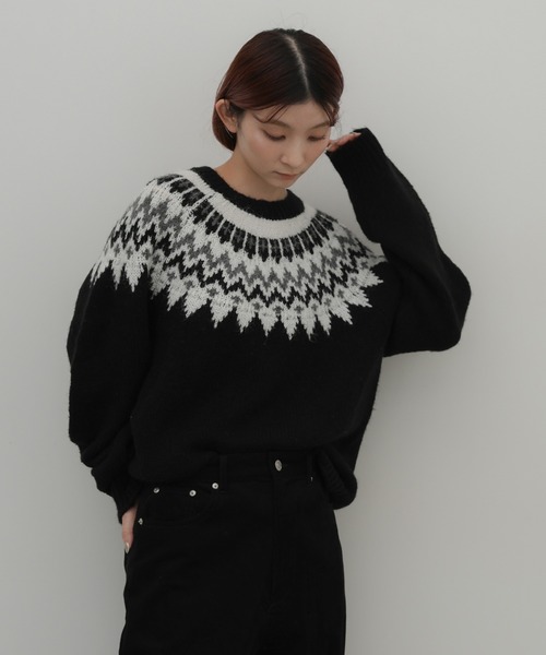 select MOCA（セレクトモカ）の「クルーネックノルディックニット（ニット/セーター・レディース・グレー/ブラック/グレイッシュベージュ・FREE）」の7枚目の写真