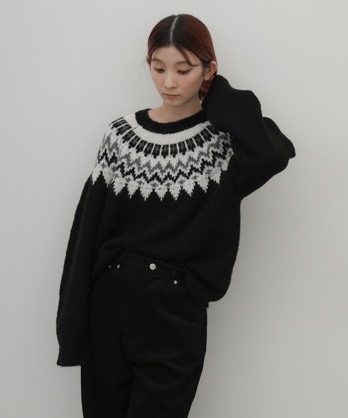 select MOCA（セレクトモカ）の「クルーネックノルディックニット（ニット/セーター・レディース・グレー/ブラック/グレイッシュベージュ・FREE）」の13枚目の写真