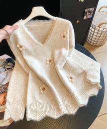 フラワーモチーフ Vネックニットプルオーバー