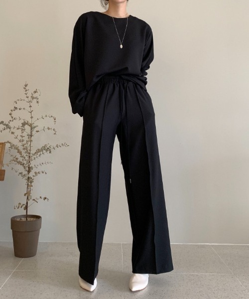 Aelina(エリナ)の「クルーネック長袖Tシャツ&ウエストゴムパンツセットアップ(セットアップ・レディース・ベージュ/ブラック・FREE)」の18枚目の写真