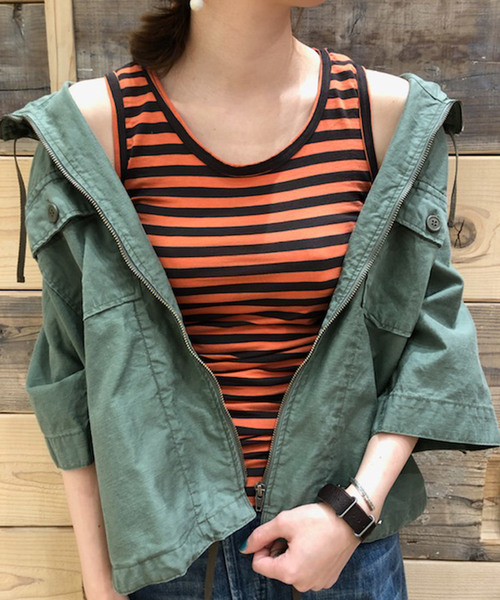 Born（ボーン）の「Born Border Pattern Long Tank Top/ボーンボーダーパターンロングタンクトップ（タンクトップ・レディース・イエロー/オレンジ/杢グレー/ブルー/ネイビー・FREE）」の5枚目の写真