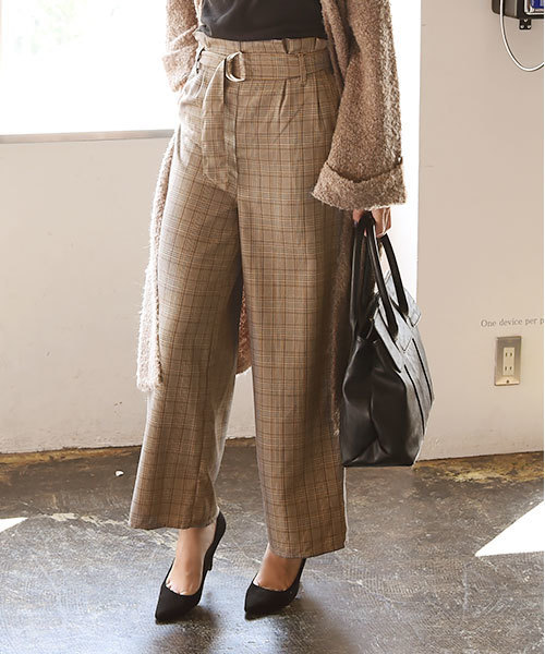 Luz Llena（ラズレナ）の「[ベルト付き]グレンチェック柄ワイドパンツ（その他パンツ・レディース・ブラウン/グレー・MEDIUM）」の2枚目の写真