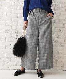[ベルト付き]グレンチェック柄ワイドパンツ