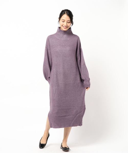 KOBE LETTUCE(コウベレタス)の「モックネックサイドスリットロング丈ニットワンピース(ワンピース・レディース・ブラック/ベージュ/パープル/グレー/イエロー・FREE)」の4枚目の写真
