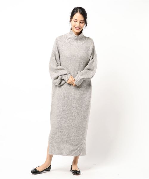 KOBE LETTUCE(コウベレタス)の「モックネックサイドスリットロング丈ニットワンピース(ワンピース・レディース・ブラック/ベージュ/パープル/グレー/イエロー・FREE)」の1枚目の写真
