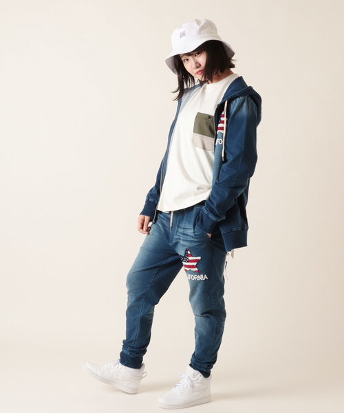 Bike Star トップス Setup サガラ刺繍カットデニム ジップアップパーカー Bike パーカー デニムパンツ 上下2点セットアップ パーカー Bike Star バイクスター のファッション