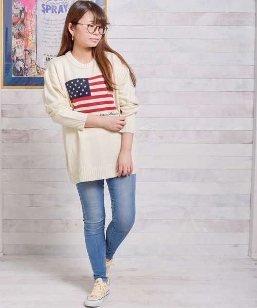 NO WAY（ノーウェイ）の「/USフラッグ　ジャガードクルーネックニット/（ニット/セーター・レディース・ブラック/ベージュ/ネイビー/アイボリー・MEDIUM/LARGE/X-LARGE）」の12枚目の写真