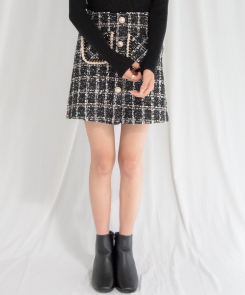 yuue' ( wear )(ユーイ)の「フロントボタン ダブルポケット ツイードミニタイトスカート(スカート・レディース・ブラック・S/M/L)」の3枚目の写真