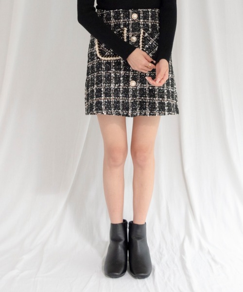 yuue' ( wear )(ユーイ)の「フロントボタン ダブルポケット ツイードミニタイトスカート(スカート・レディース・ブラック・S/M/L)」の4枚目の写真