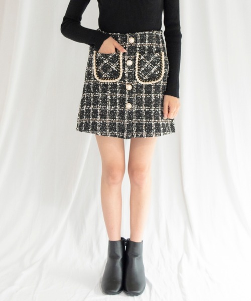 yuue' ( wear )(ユーイ)の「フロントボタン ダブルポケット ツイードミニタイトスカート(スカート・レディース・ブラック・S/M/L)」の8枚目の写真
