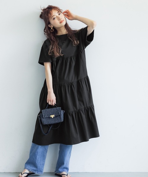coca(coca)(コカ)の「半袖ティアードワンピース(ワンピース・レディース・ホワイト/ブラック・ONE SIZE)」の2枚目の写真