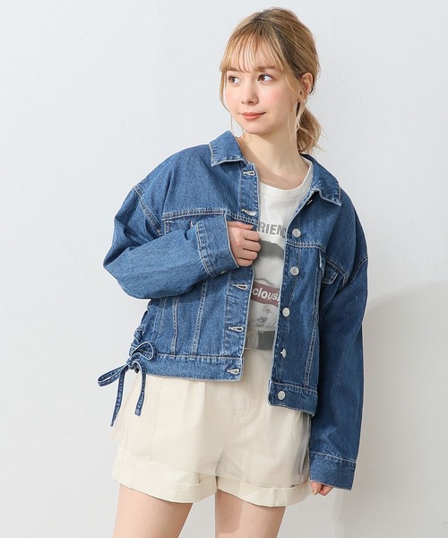 レース付きデニムジャケット ライトブルー フラワーレース付きデニムジャケット