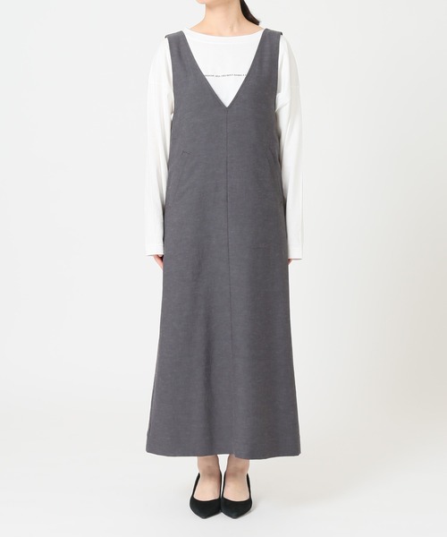 24AW SLOBE IENA Vネック ギャザージャンスカ　カーキ 体型カバー】Vネックジャンスカ（マキシ・ロングワンピース