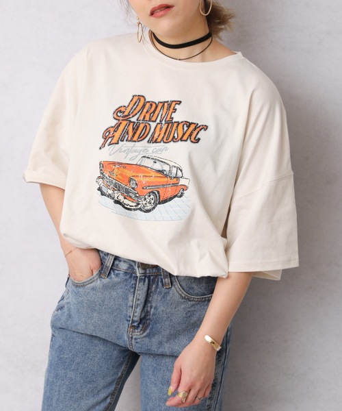 ap retro(アプレトロ)の「ヴィンテージカープリントオーバーTEE【ZOZO限定アイテム】(Tシャツ/カットソー・レディース・アイボリー/オフホワイト/スミクロ・FREE)」の2枚目の写真
