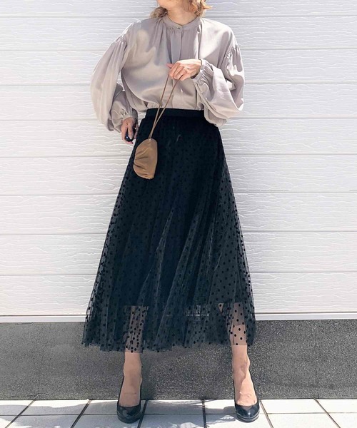 Q（キュー）の「ドットチュールスカート（スカート・レディース・キャメル/ブラック・MEDIUM）」の13枚目の写真