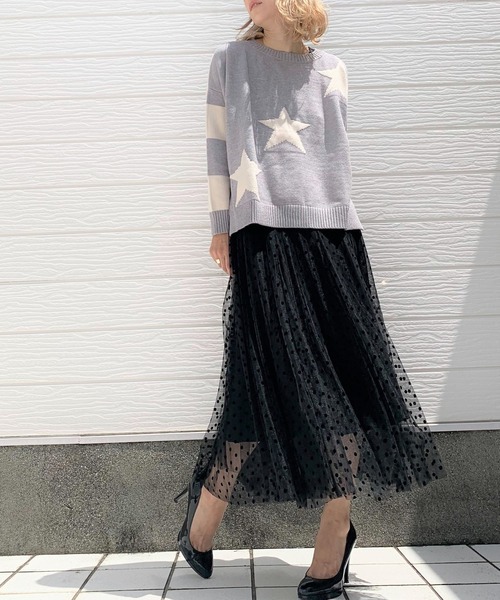 Q（キュー）の「ドットチュールスカート（スカート・レディース・キャメル/ブラック・MEDIUM）」の15枚目の写真