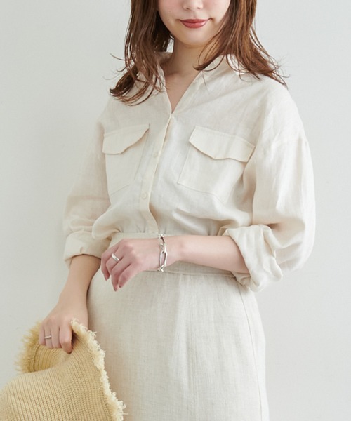 natural couture（ナチュラルクチュール）の「カシュクールにもなるカラーリネンシャツ（シャツ/ブラウス・レディース・オフホワイト/ボルドー/カーキ/ブラック/ピンク・FREE）」の6枚目の写真