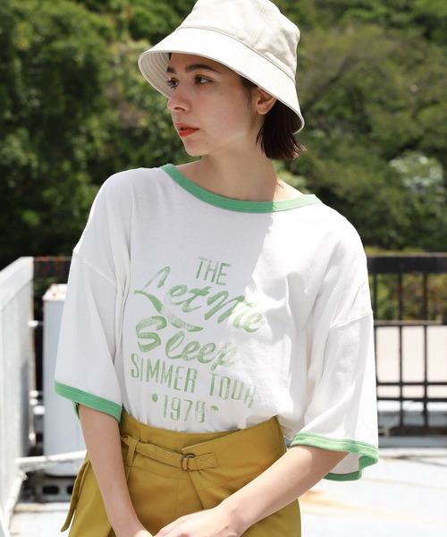 リンカブル　フレアタグ　Tシャツ(オフホワイト×グリーン) ネオン セール】オーバーサイズ 半袖 フットボール Tシャツ ネオン