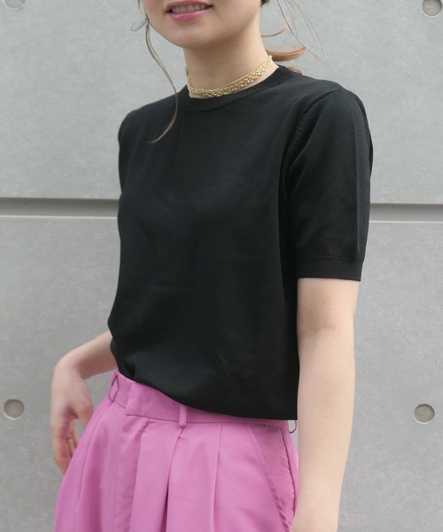 CORNERS(コーナーズ)の「カラー半袖ニットプルオーバー(ニット/セーター・レディース・アイボリー/ブラック/グリーン/ピンク/オレンジ・M)」の3枚目の写真