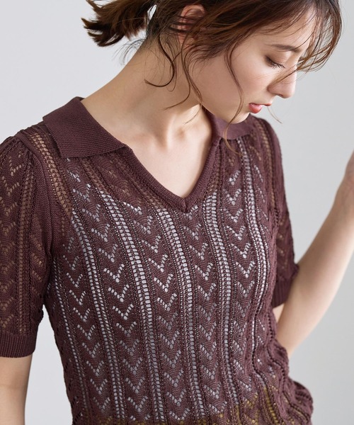 KOBE LETTUCE（コウベレタス）の「透かし編み襟付きVネックショートニットトップス[C6112]（ニット/セーター・レディース・ベージュ/ブラウン/ブルー・FREE）」の14枚目の写真