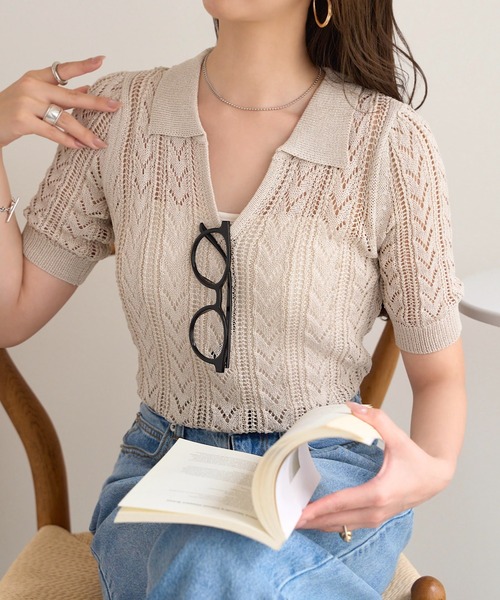 KOBE LETTUCE（コウベレタス）の「透かし編み襟付きVネックショートニットトップス[C6112]（ニット/セーター・レディース・ベージュ/ブラウン/ブルー・FREE）」の16枚目の写真