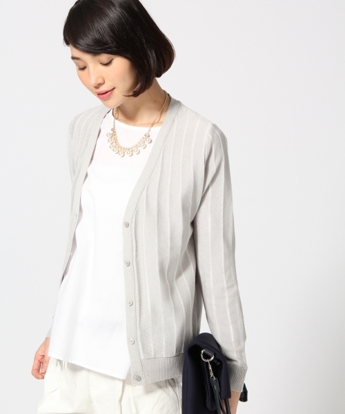 LEPSIM(レプシィム)の「12GピンストライプVカーディガン 557541(カーディガン/ボレロ・レディース・オフホワイト/グレー/ダークネイビー・LARGE/MEDIUM)」の1枚目の写真