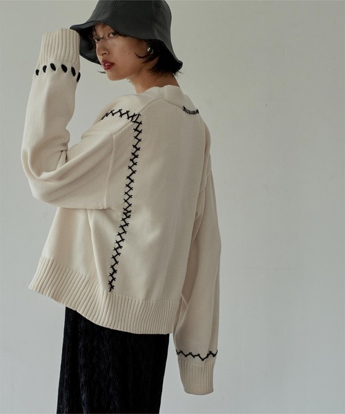 miette（ミエット）の「配色ステッチデザインカーディガン（カーディガン/ボレロ・レディース・アイボリー/ブラック/グリーン・FREE）」の6枚目の写真