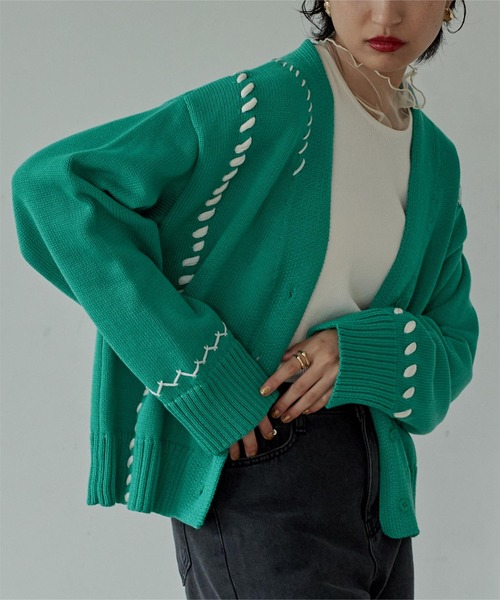 miette（ミエット）の「配色ステッチデザインカーディガン（カーディガン/ボレロ・レディース・アイボリー/ブラック/グリーン・FREE）」の4枚目の写真