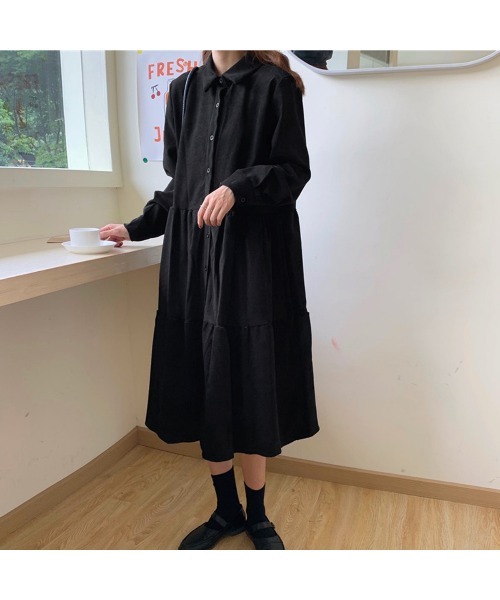 PRIVATE  BEACH（プライベートビーチ）の「コーデュロイティアードシャツワンピース（シャツワンピース・レディース・ブラック/ブラウン・FREE）」の3枚目の写真