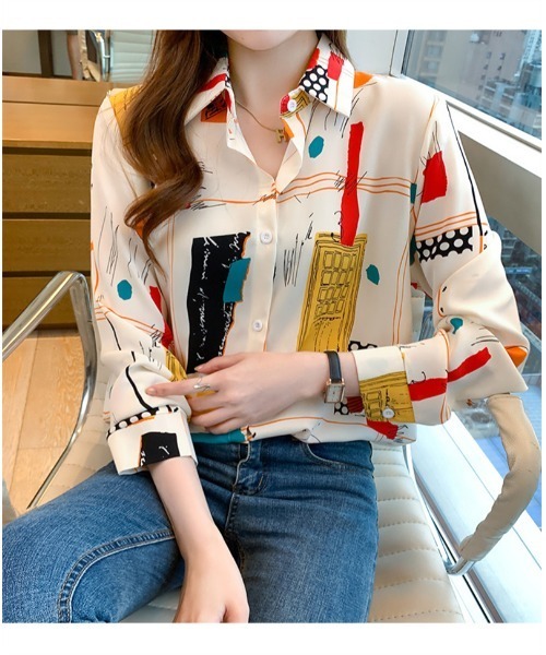 おしゃれスタ（オシャレスタ）の「大人シンプルカジュアルプリントシャツ　コレクション（シャツ/ブラウス・レディース・ブラウン/ピンク/グリーン/ブルー/ホワイト系3/ブラック系1/ブラック系2/ブラック系3/ブラック系4/ブラック系5/ブラック系6/ベージュ/ホワイト系2/レッド/ブラック・S/M/L/XL）」の2枚目の写真