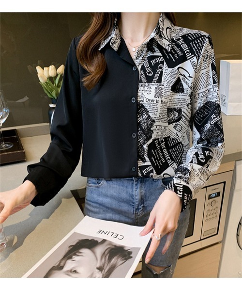 おしゃれスタ（オシャレスタ）の「大人シンプルカジュアルプリントシャツ　コレクション（シャツ/ブラウス・レディース・ブラウン/ピンク/グリーン/ブルー/ホワイト系3/ブラック系1/ブラック系2/ブラック系3/ブラック系4/ブラック系5/ブラック系6/ベージュ/ホワイト系2/レッド/ブラック・S/M/L/XL）」の7枚目の写真