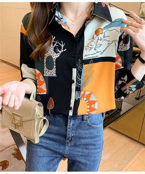 おしゃれスタ（オシャレスタ）の「大人シンプルカジュアルプリントシャツ　コレクション（シャツ/ブラウス・レディース・ブラウン/ピンク/グリーン/ブルー/ホワイト系3/ブラック系1/ブラック系2/ブラック系3/ブラック系4/ブラック系5/ブラック系6/ベージュ/ホワイト系2/レッド/ブラック・S/M/L/XL）」の10枚目の写真
