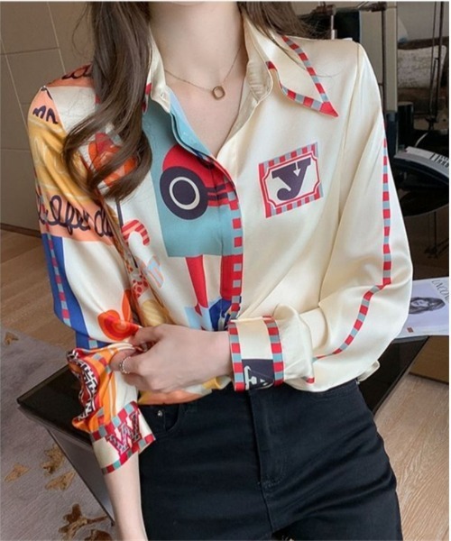 おしゃれスタ（オシャレスタ）の「大人シンプルカジュアルプリントシャツ　コレクション（シャツ/ブラウス・レディース・ブラウン/ピンク/グリーン/ブルー/ホワイト系3/ブラック系1/ブラック系2/ブラック系3/ブラック系4/ブラック系5/ブラック系6/ベージュ/ホワイト系2/レッド/ブラック・S/M/L/XL）」の11枚目の写真