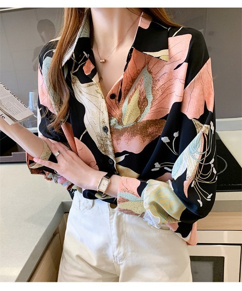 おしゃれスタ（オシャレスタ）の「大人シンプルカジュアルプリントシャツ　コレクション（シャツ/ブラウス・レディース・ブラウン/ピンク/グリーン/ブルー/ホワイト系3/ブラック系1/ブラック系2/ブラック系3/ブラック系4/ブラック系5/ブラック系6/ベージュ/ホワイト系2/レッド/ブラック・S/M/L/XL）」の14枚目の写真