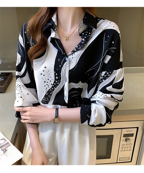 おしゃれスタ（オシャレスタ）の「大人シンプルカジュアルプリントシャツ　コレクション（シャツ/ブラウス・レディース・ブラウン/ピンク/グリーン/ブルー/ホワイト系3/ブラック系1/ブラック系2/ブラック系3/ブラック系4/ブラック系5/ブラック系6/ベージュ/ホワイト系2/レッド/ブラック・S/M/L/XL）」の22枚目の写真