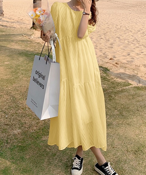 PRIVATE  BEACH（プライベートビーチ）の「シアーティアードロングワンピース（ワンピース・レディース・オフホワイト/イエロー/ブルー/ミント/ブラック・L/M）」の5枚目の写真