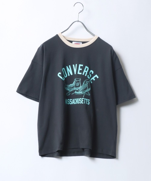 CONVERSE(コンバース)の「CONVERSE(コンバース)カレッジロゴ ハイカットシューズプリント リンガーTシャツ(Tシャツ/カットソー・レディース・スミクロ/イエロー/グリーン/ブルー・M/L)」の1枚目の写真