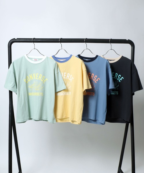 CONVERSE(コンバース)の「CONVERSE(コンバース)カレッジロゴ ハイカットシューズプリント リンガーTシャツ(Tシャツ/カットソー・レディース・スミクロ/イエロー/グリーン/ブルー・M/L)」の14枚目の写真