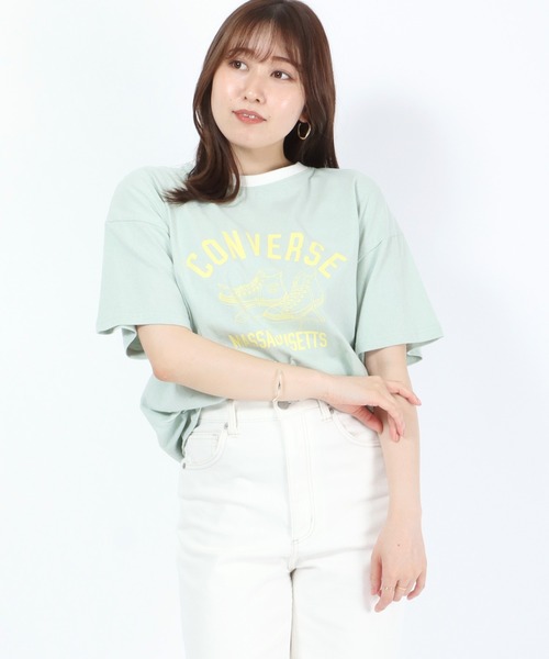 CONVERSE(コンバース)の「CONVERSE(コンバース)カレッジロゴ ハイカットシューズプリント リンガーTシャツ(Tシャツ/カットソー・レディース・スミクロ/イエロー/グリーン/ブルー・M/L)」の20枚目の写真