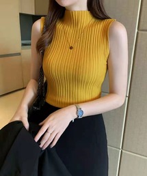 【希少✨】プリーツプリーズ　タンクトップ　ハイネック　フリンジ　黄色　3 ノースリーブ トップス レディース ハイネック タートルネック