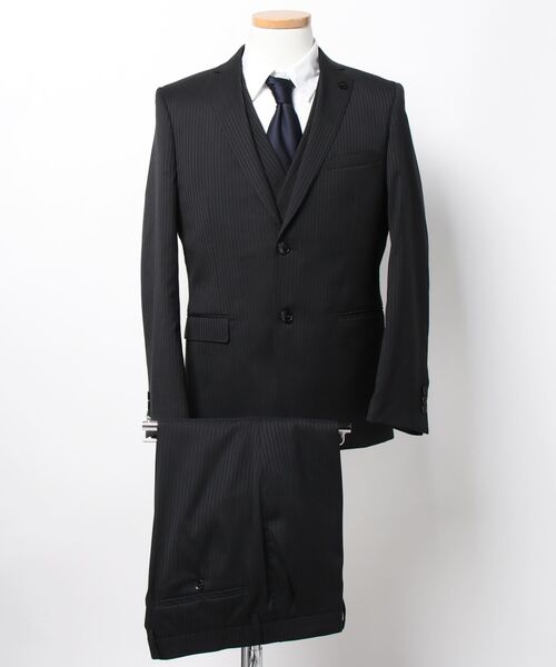 レノマ オム/renoma HOMME 光沢ウール混 3ピース ビジネスセットアップスーツ シャドーストライプ黒