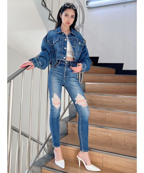 GYDA（ジェイダ）の「ハイウエストニーボールドダメージスキニーデニムパンツ（デニムパンツ・レディース・ライトブルー/ブルー・SMALL/X-SMALL/MEDIUM）」の3枚目の写真