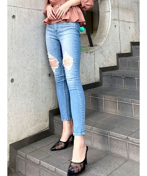 GYDA（ジェイダ）の「ハイウエストニーボールドダメージスキニーデニムパンツ（デニムパンツ・レディース・ライトブルー/ブルー・SMALL/X-SMALL/MEDIUM）」の21枚目の写真