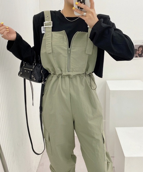 aimoha（アイモハ）の「ジッパーカジュアルサロペット（サロペット/オーバーオール・レディース・グリーン/ブラック・FREE）」の5枚目の写真