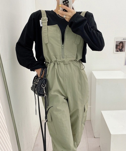 aimoha（アイモハ）の「ジッパーカジュアルサロペット（サロペット/オーバーオール・レディース・グリーン/ブラック・FREE）」の9枚目の写真